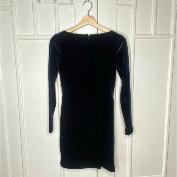BARDOT Xena Ruched Velvet Mini Dress size MED Navy Sweetheart Neck Long Sleeve - Picture 3 of 7